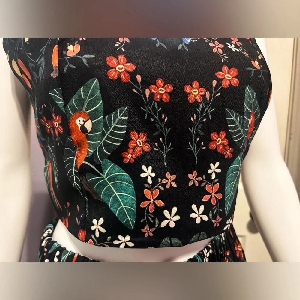Coramoon Sz M Black Mystical Tropical Fern Print Cropped Top And Skirt Set Boho - Picture 3 of 7